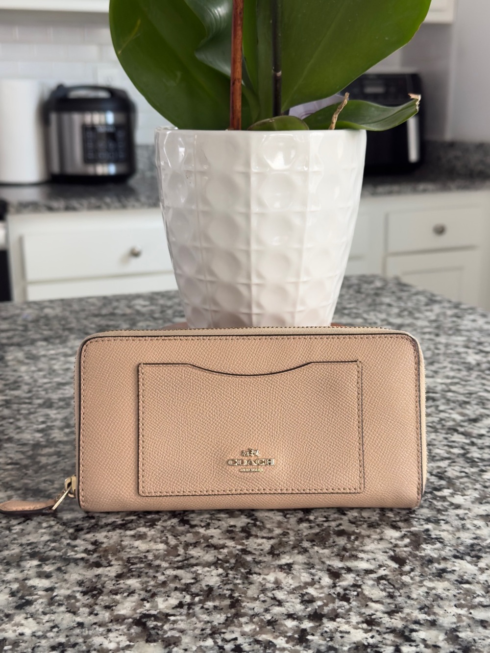 Coach Pebbled Zip-Around Wallet in Light Beige with Gold Hardware